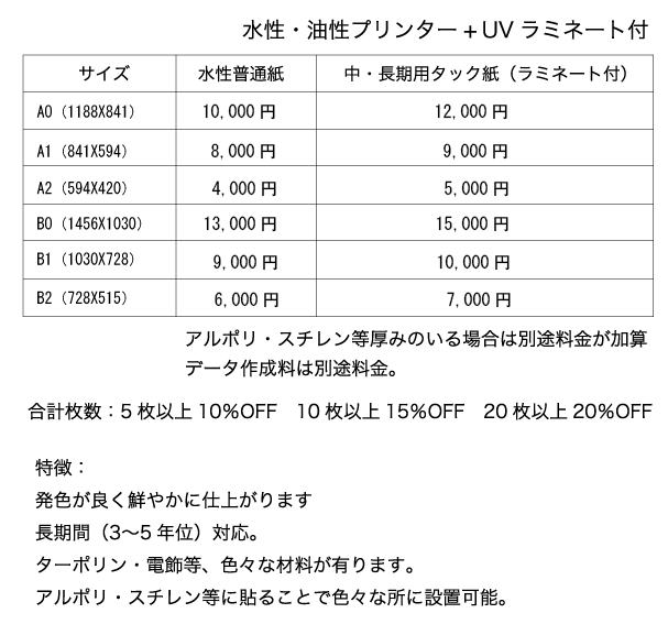 大型カラー・モノクロ出力価格表